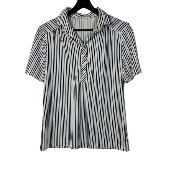 Navy Blue White Striped Shirt Short Sleeve Collared Stretch Vintage 70s 12 - Picture 1 of 8